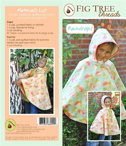 Raindrops - Rain Cape or Quilted Poncho, fits 4-10 yrs