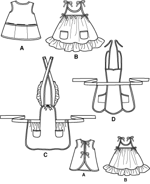 4 styles of Girls Aprons  in sizes 3-8